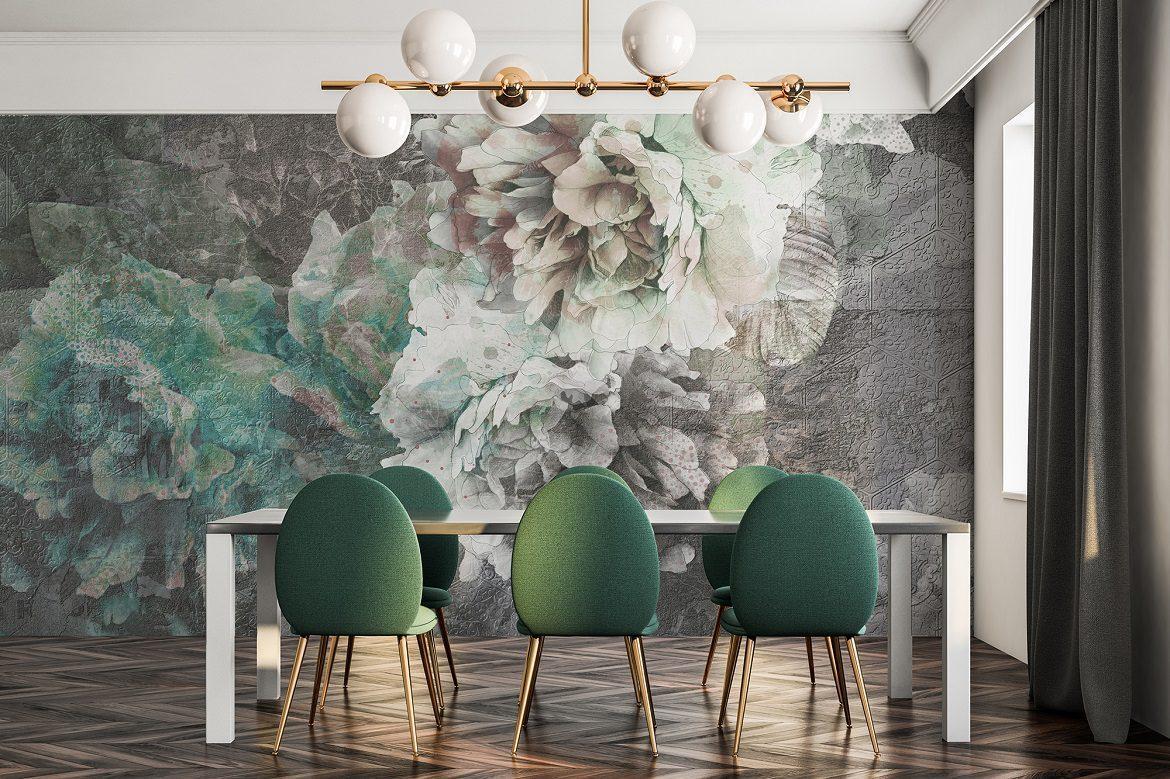Minimalistic dining room interior, green chairs